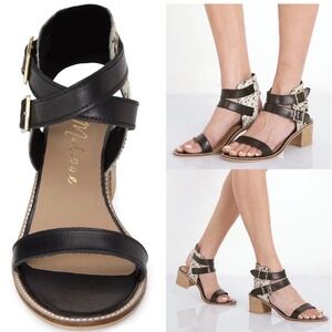 Matisse Orin Hair Calf Black Leather Double Buckle Block Heel Sandal Sz 9
